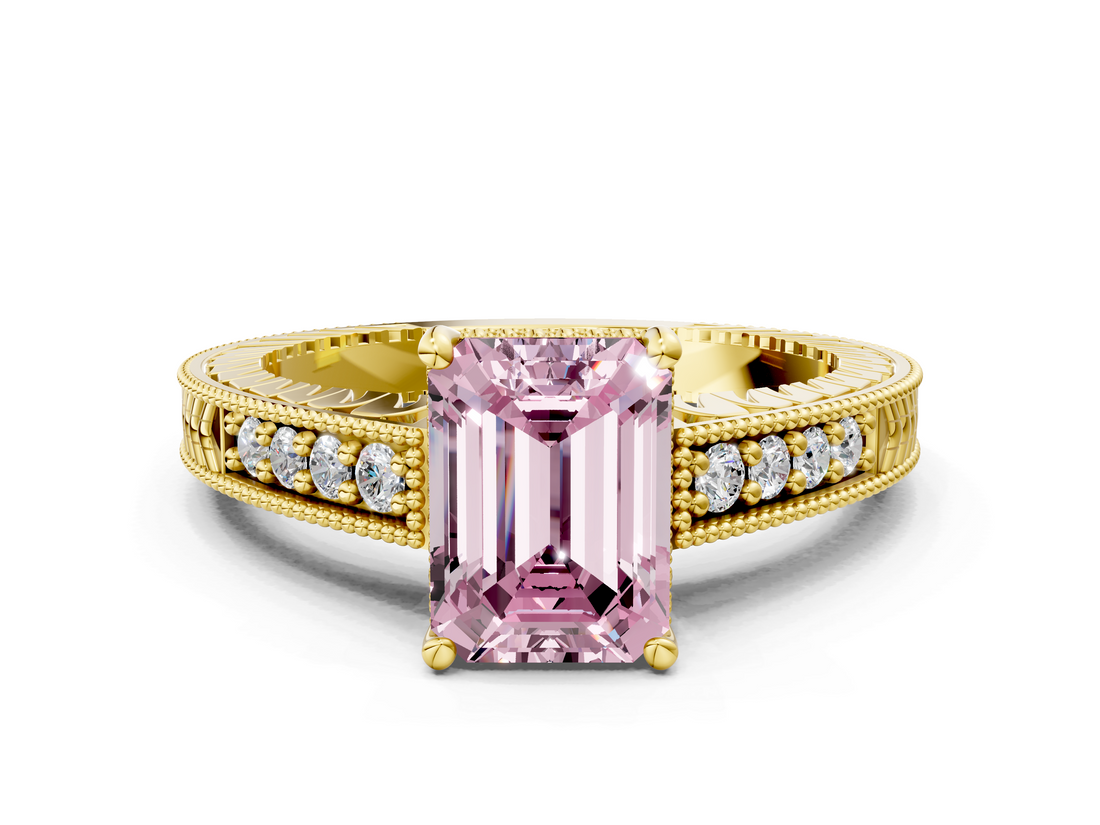 Yellow gold Fancy Pink Emerald  Solitaire Pavé Diamond Milgrain Engagement Ring with Four-Prong Setting_3