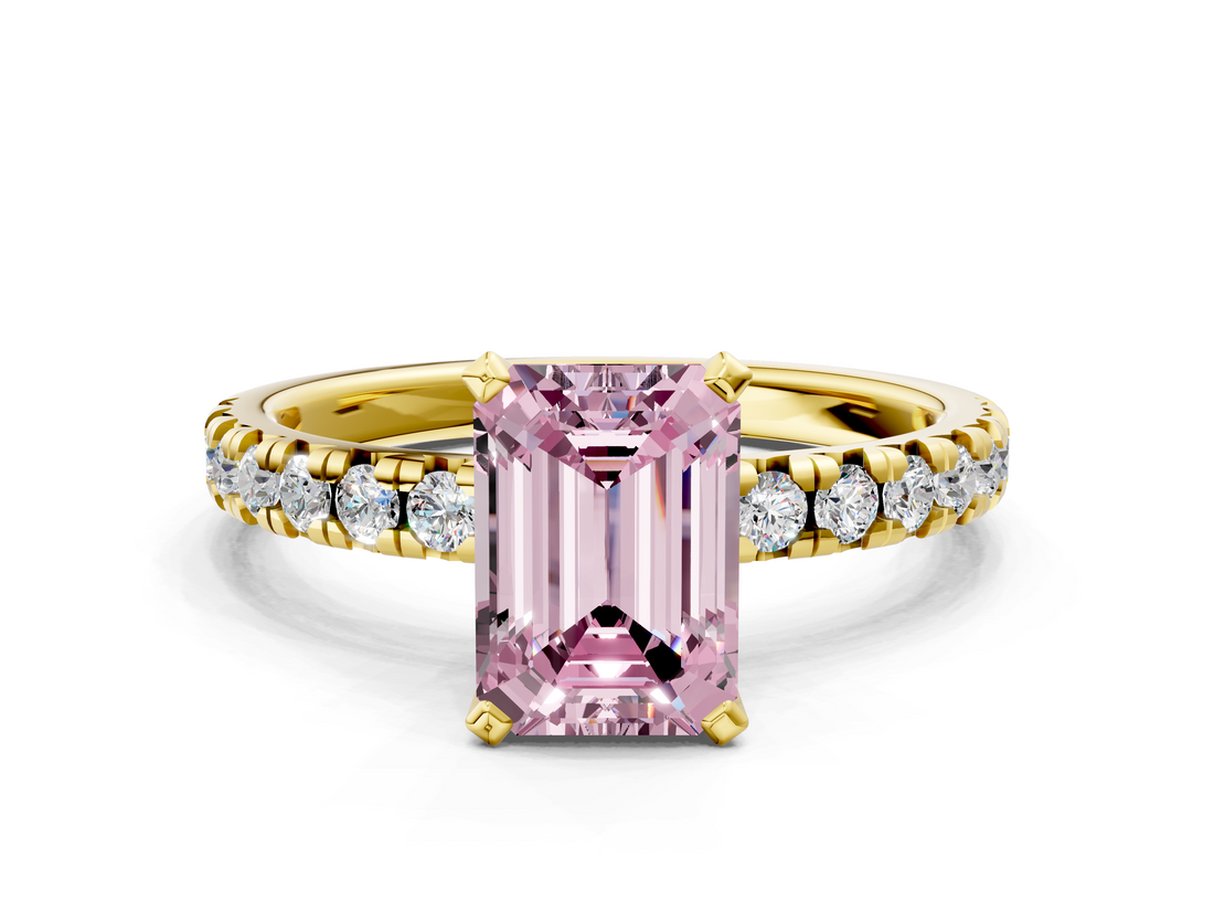 Yellow gold Fancy Pink Emerald  Solitaire Pave Diamond Engagement Ring with Four-Prong Setting_344