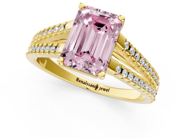 Yellow gold Fancy Pink Emerald Cut Diamond Solitaire Engagement Ring with Split Shank Pavé Band
