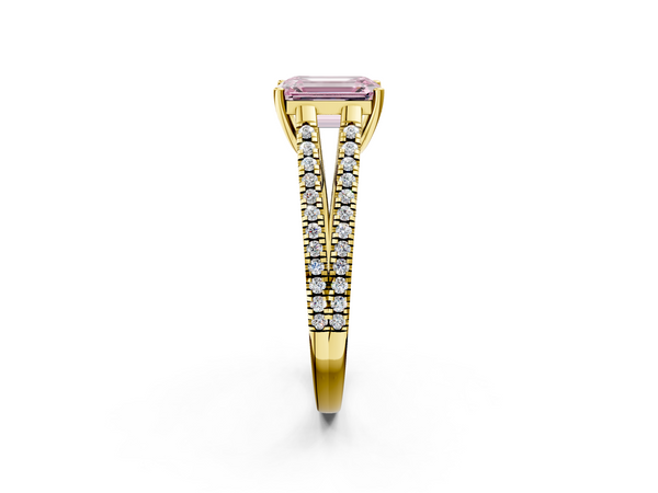 Yellow gold Fancy Pink Emerald Cut Diamond Solitaire Engagement Ring with Split Shank Pavé Band