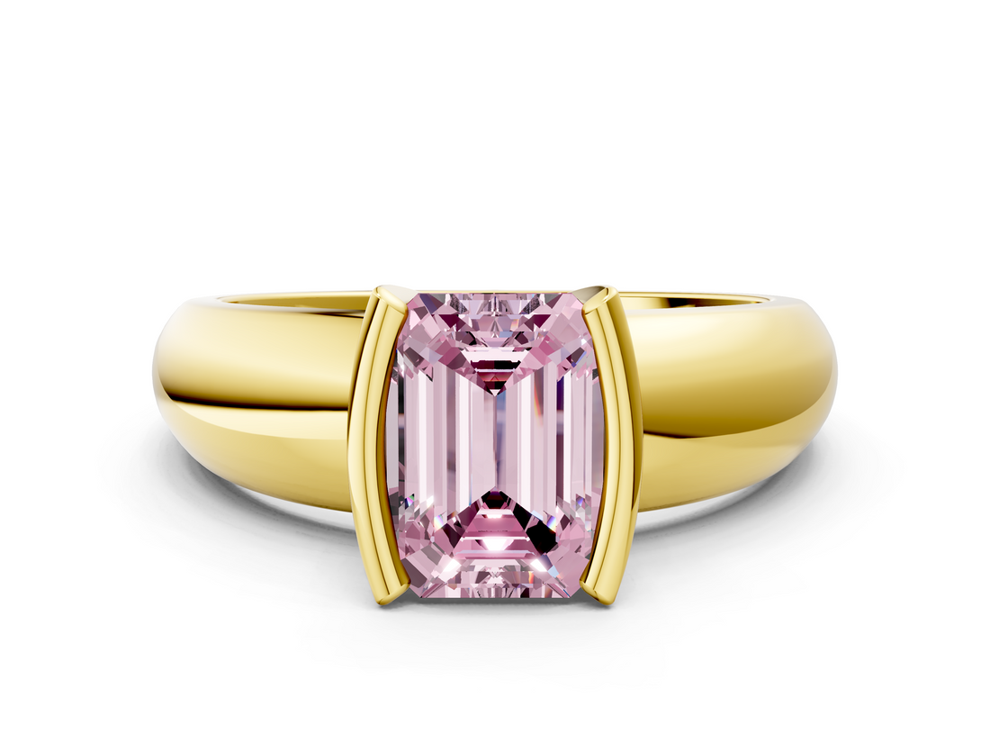 Yellow gold Fancy Pink Emerald  Solitaire Tension Set Diamond Ring with Wide Band_20