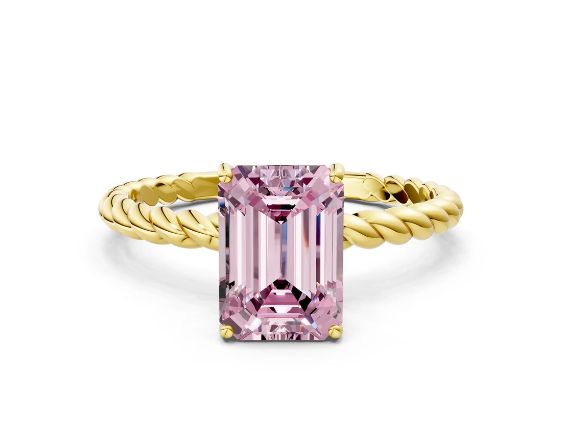 Yellow gold Fancy Pink Emerald  Solitaire Twist Band Ring with Four-Prong Setting_68