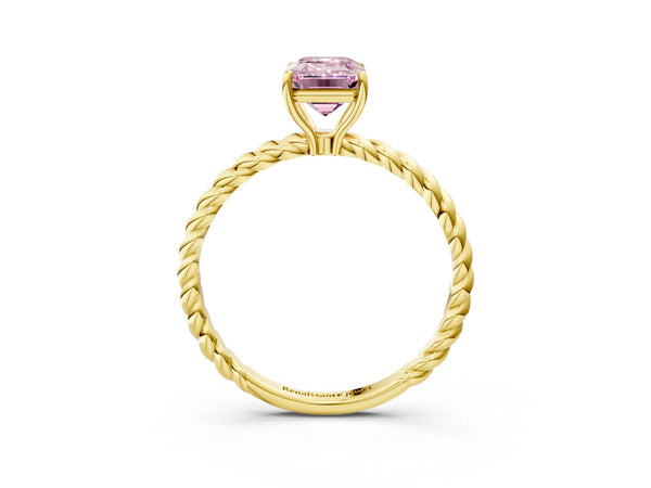 Yellow gold Fancy Pink Emerald  Solitaire Twist Band Ring with Four-Prong Setting