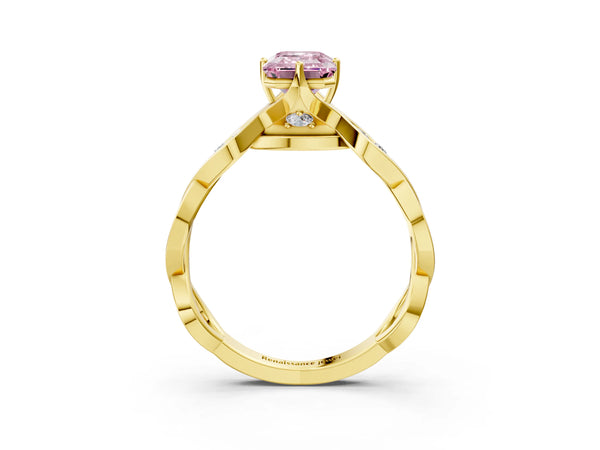 Yellow gold Fancy Pink Emerald  Solitaire Twist Band with Leaf Prong Setting