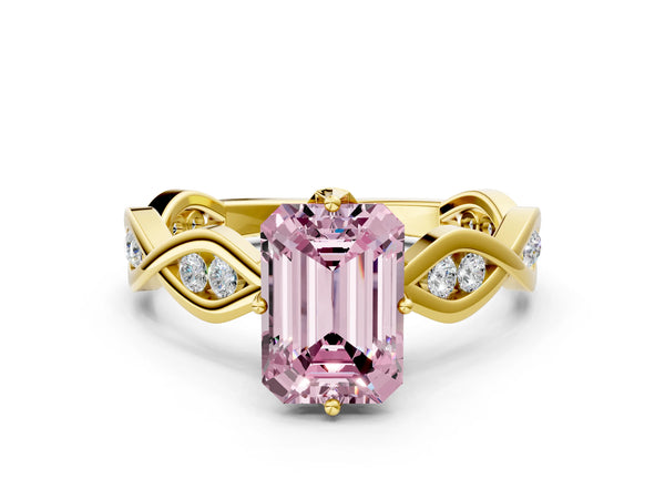 Yellow gold Fancy Pink Emerald  Solitaire Twist Band with Leaf Prong Setting