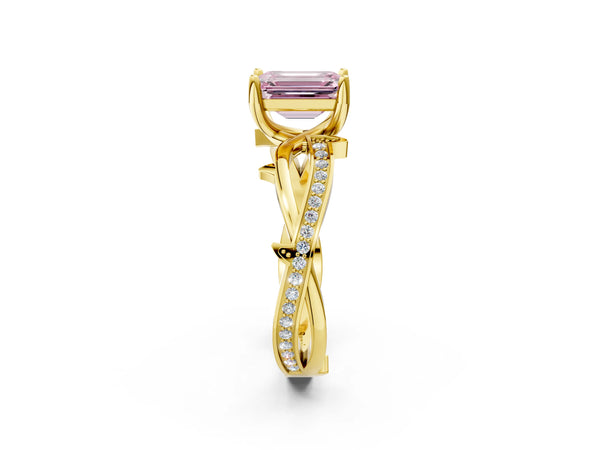 Yellow gold Fancy Pink Emerald  Solitaire Twist Band with Pavé Accents and Four-Prong Setting