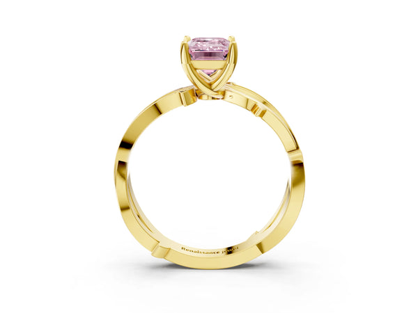 Yellow gold Fancy Pink Emerald  Solitaire Twist Band with Pavé Accents and Four-Prong Setting