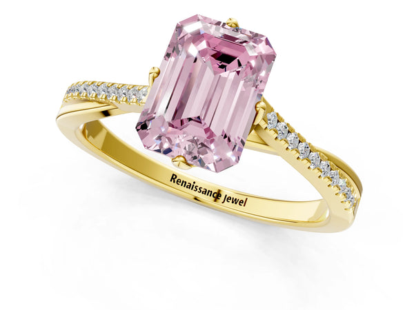 Yellow gold Fancy Pink Emerald  Solitaire Twist Band with Pavé Diamonds and Four-Prong Setting
