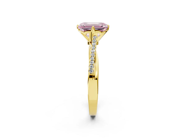 Yellow gold Fancy Pink Emerald  Solitaire Twist Band with Pavé Diamonds and Four-Prong Setting