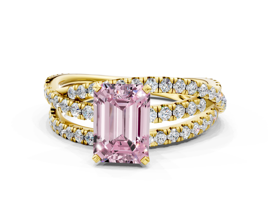 Yellow gold Fancy Pink Emerald  Solitaire Twist Band with Pavé Setting and Four-Prong Setting_76
