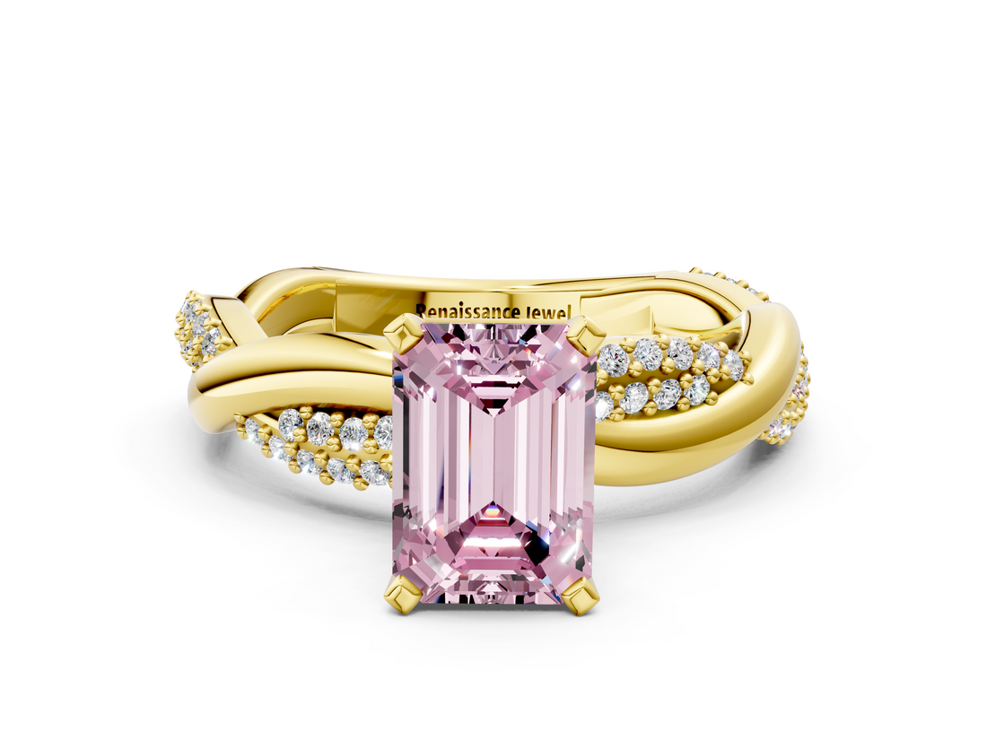 Yellow gold Fancy Pink Emerald  Solitaire Twist Band with Pave Prong Setting_27
