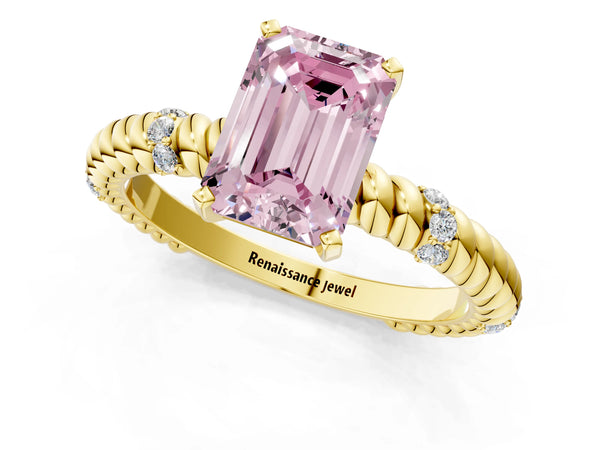 Yellow gold Fancy Pink Emerald  Solitaire Twisted Band Prong Set Engagement Ring
