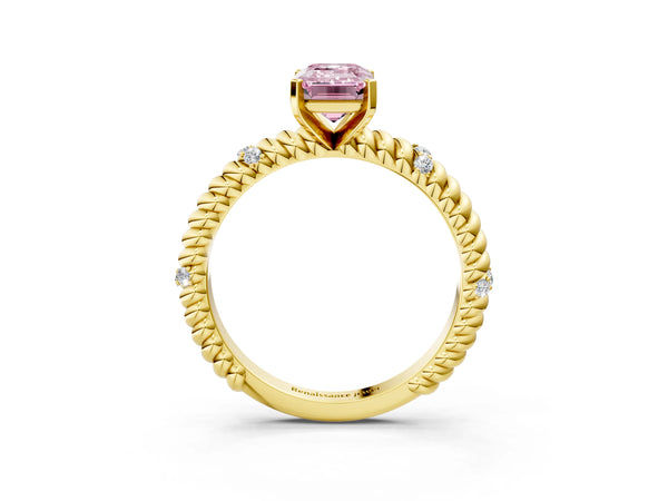 Yellow gold Fancy Pink Emerald  Solitaire Twisted Band Prong Set Engagement Ring