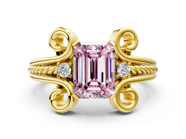 Yellow gold Fancy Pink Emerald  Solitaire Twisted Band Scroll Prong Ring