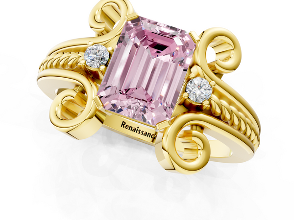 Yellow gold Fancy Pink Emerald  Solitaire Twisted Band Scroll Prong Ring