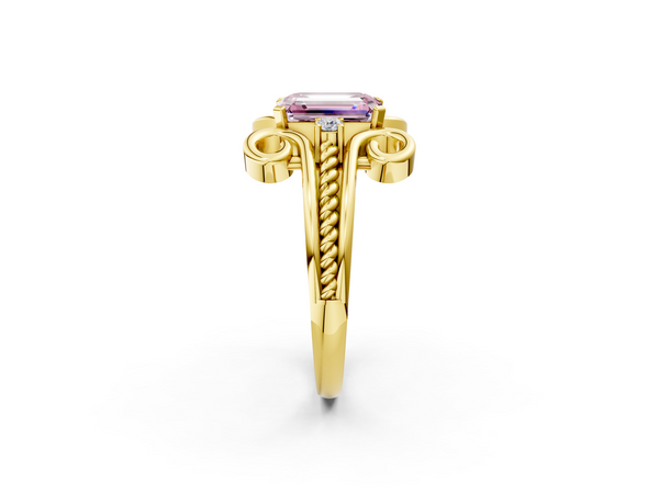 Yellow gold Fancy Pink Emerald  Solitaire Twisted Band Scroll Prong Ring