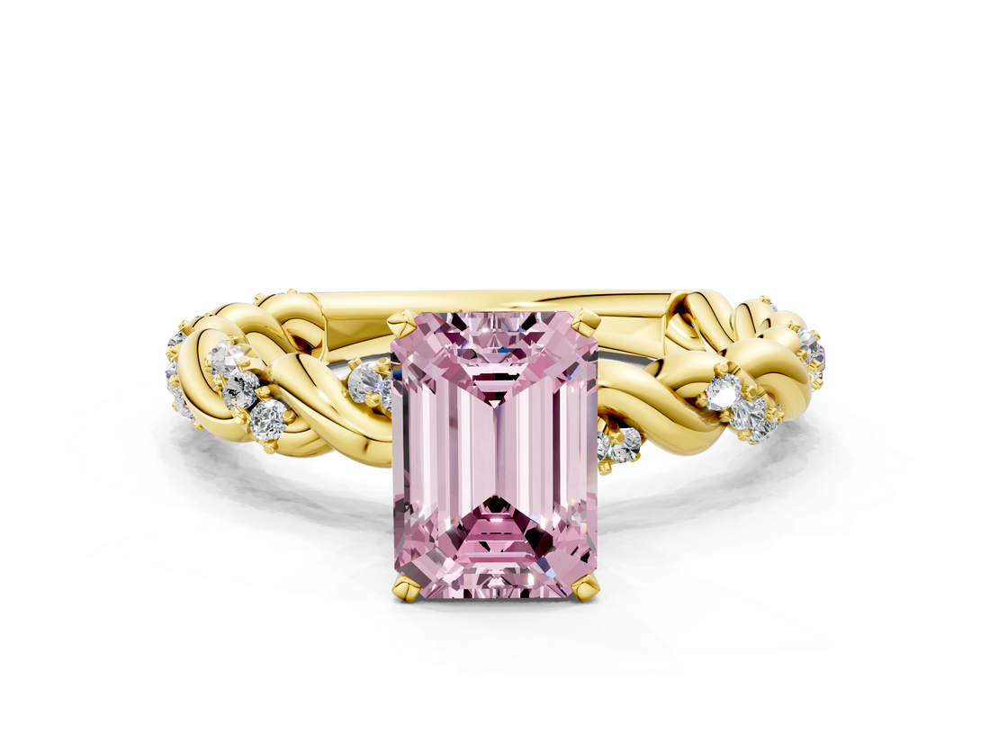 Yellow gold Fancy Pink Emerald  Solitaire Twisted Band with Pavé Accents and Four-Prong Setting_3