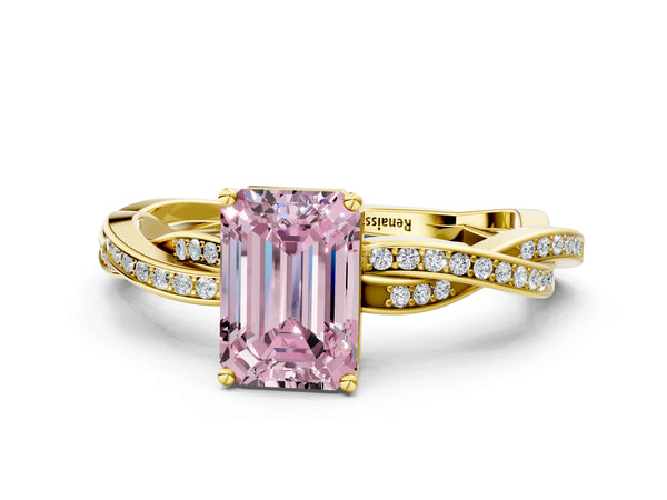 Yellow gold Fancy Pink Emerald  Solitaire Twisted Pave Diamond Ring with Four-Prong Setting