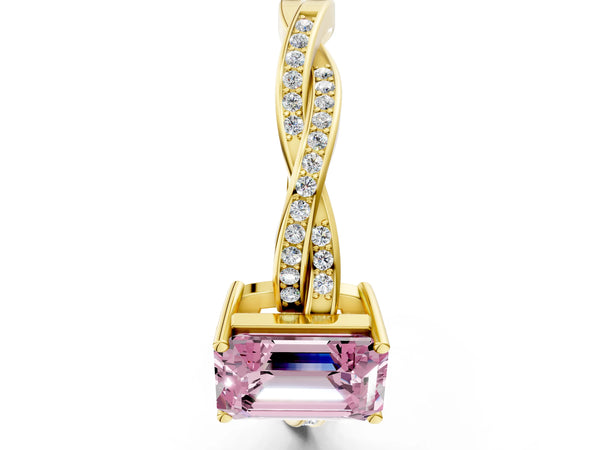 Yellow gold Fancy Pink Emerald  Solitaire Twisted Pave Diamond Ring with Four-Prong Setting