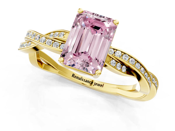 Yellow gold Fancy Pink Emerald  Solitaire Twisted Pave Diamond Ring with Four-Prong Setting