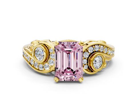 Yellow gold Fancy Pink Emerald  Solitaire with Milgrain Pave Band and Four-Prong Setting_150