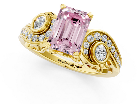 Yellow gold Fancy Pink Emerald  Solitaire with Milgrain Pave Band and Four-Prong Setting_151