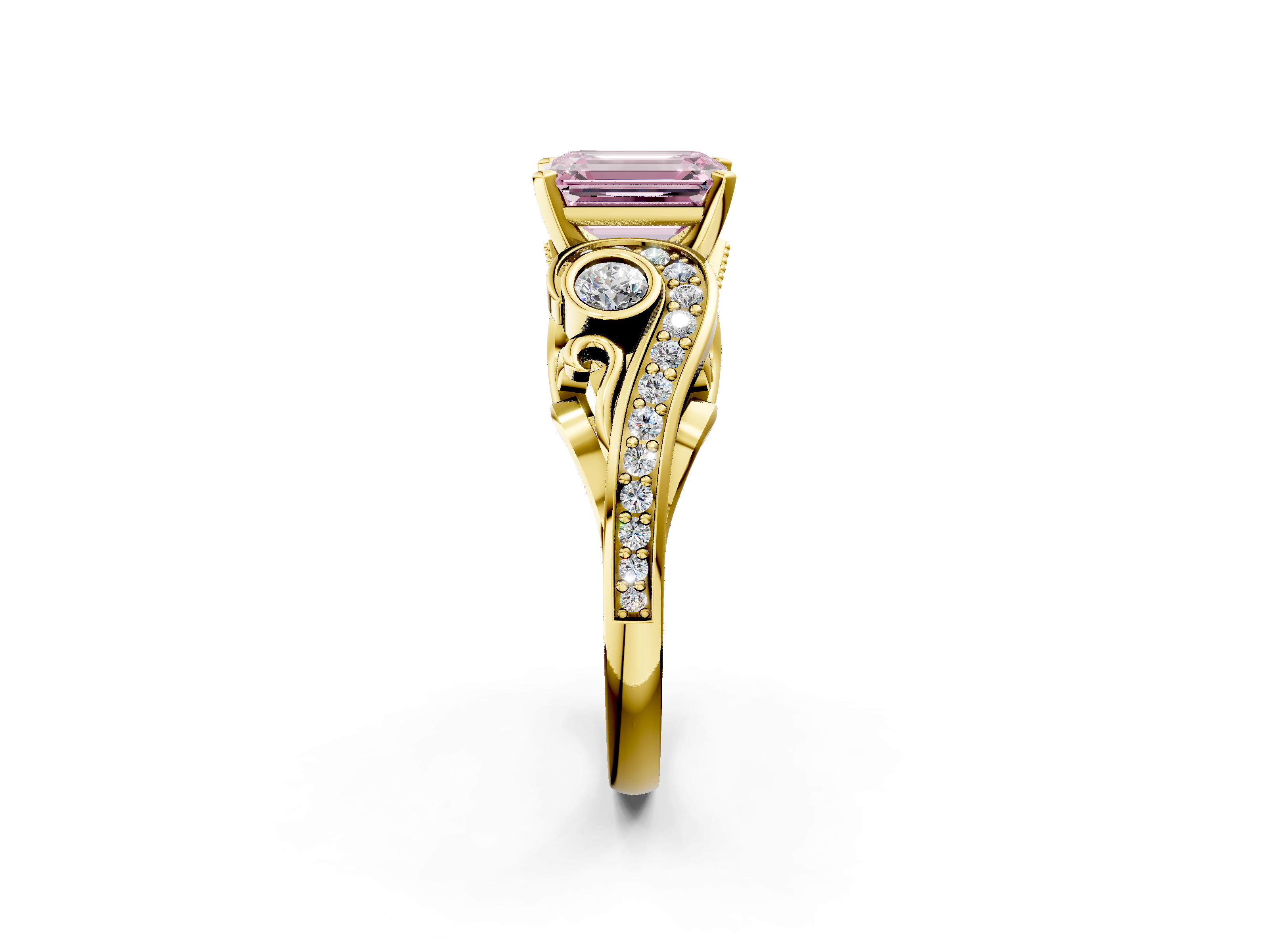 Yellow gold Fancy Pink Emerald  Solitaire with Milgrain Pave Band and Four-Prong Setting_152