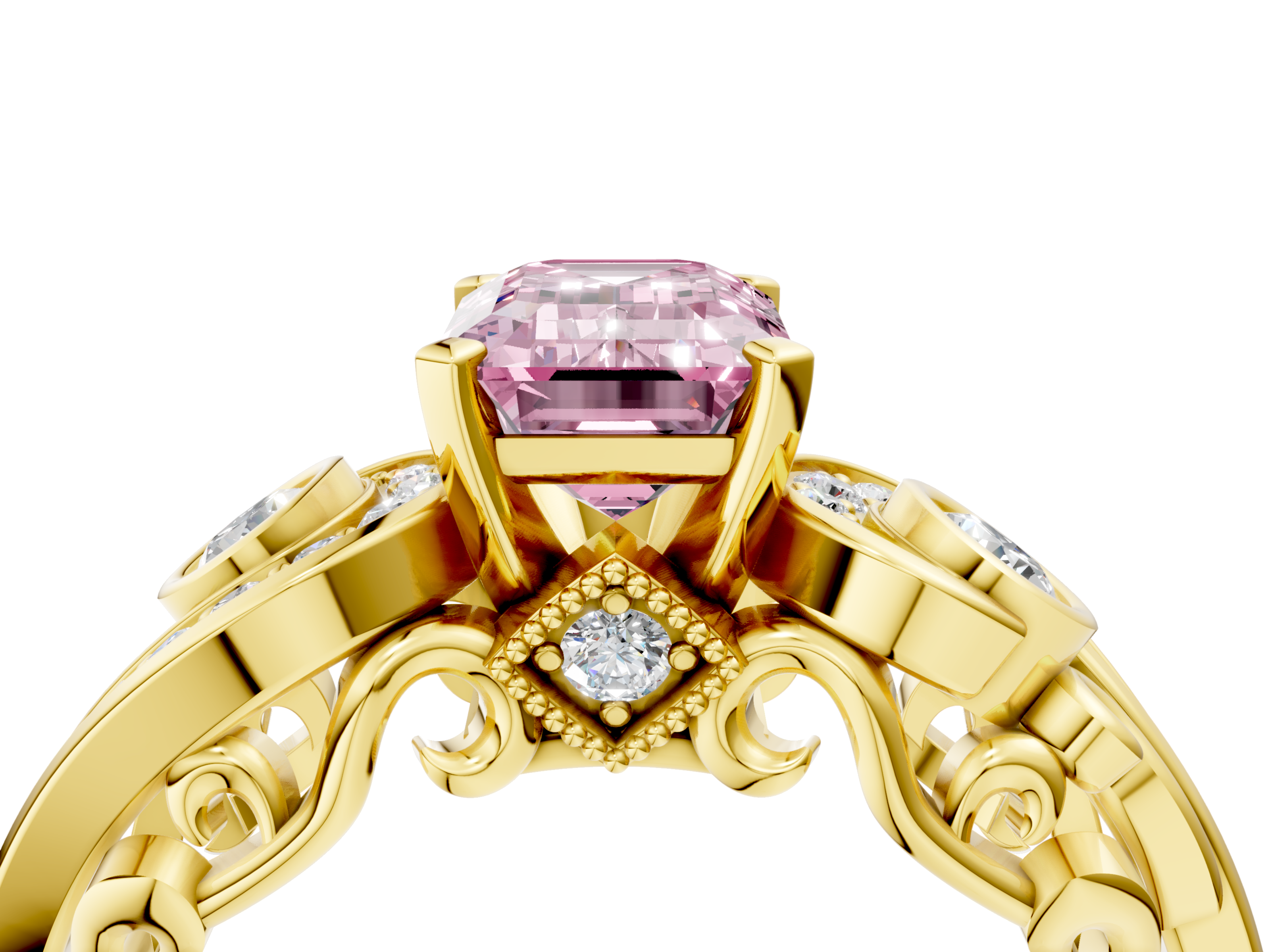 Yellow gold Fancy Pink Emerald  Solitaire with Milgrain Pave Band and Four-Prong Setting_154