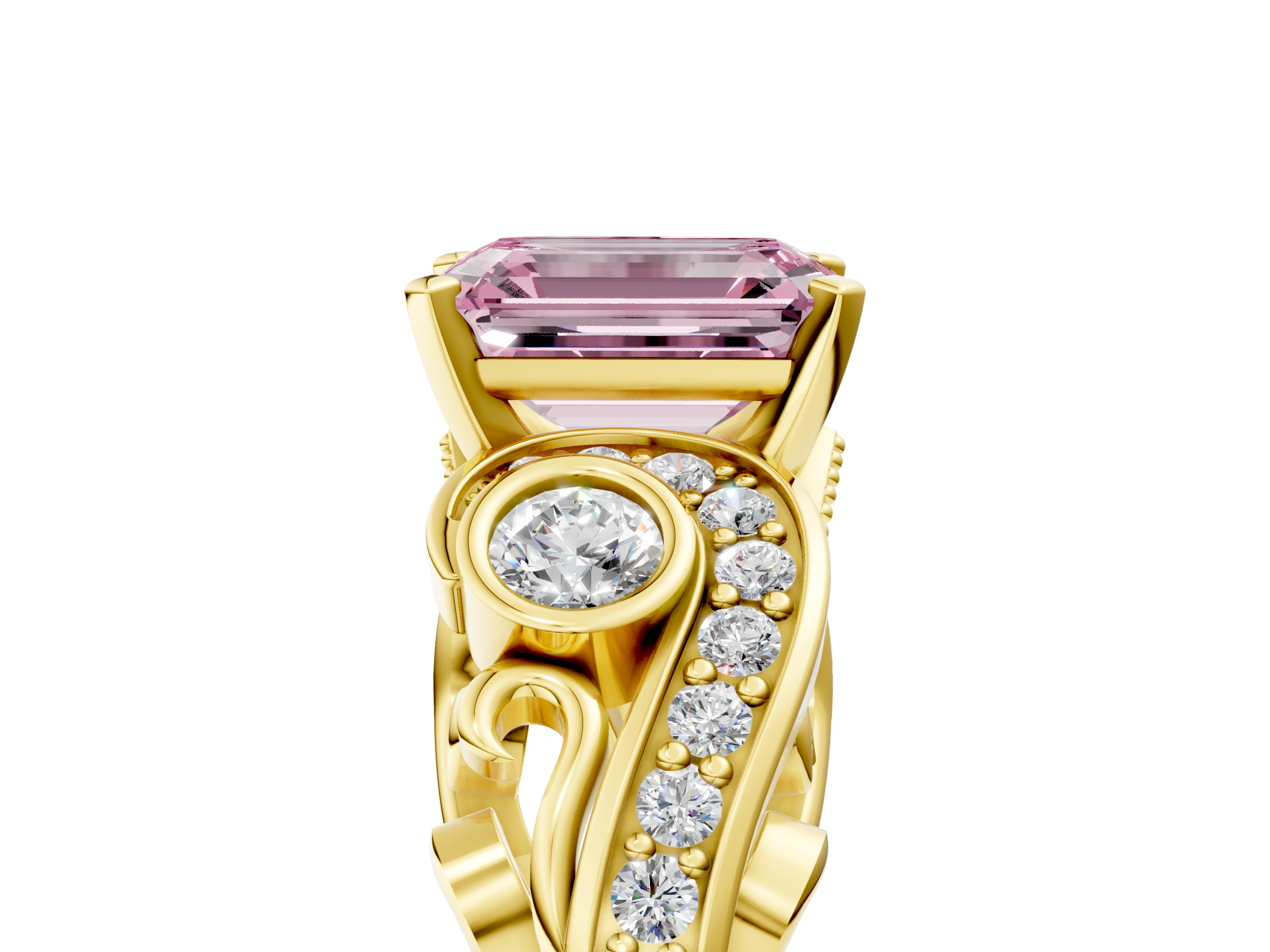 Yellow gold Fancy Pink Emerald  Solitaire with Milgrain Pave Band and Four-Prong Setting_155
