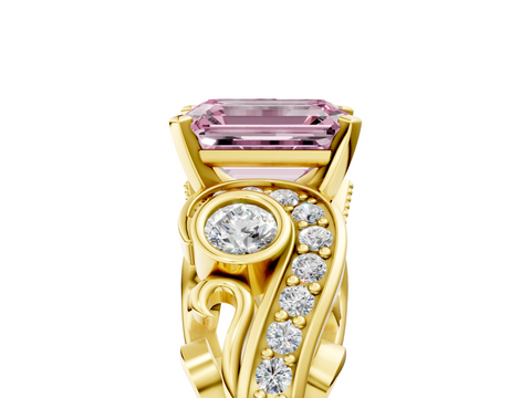 Yellow gold Fancy Pink Emerald  Solitaire with Milgrain Pave Band and Four-Prong Setting_155