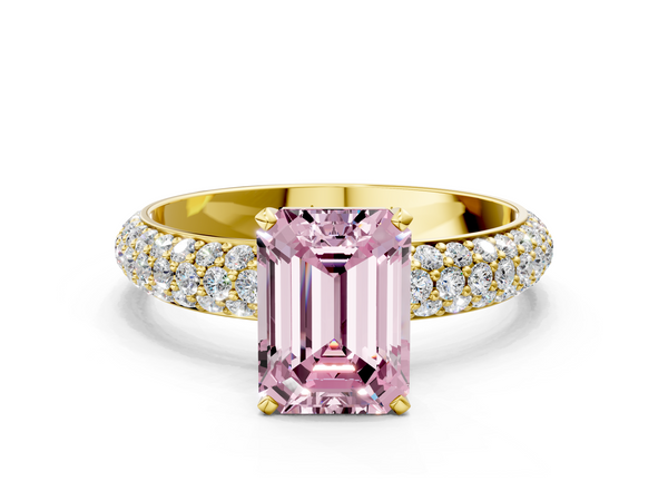 Yellow gold Fancy Pink Emerald  Diamond Solitaire Ring with Prong Setting and Pavé Band