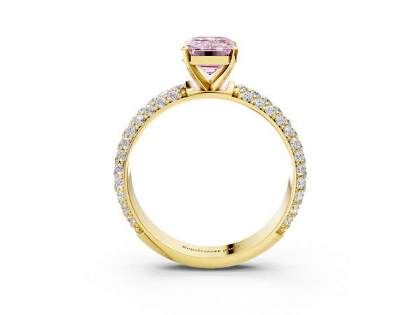 Yellow gold Fancy Pink Emerald  Diamond Solitaire Ring with Prong Setting and Pavé Band