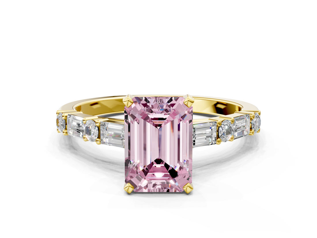 Yellow gold Fancy Pink Emerald  Solitaire with Side Baguettes and Channel Set Band_45