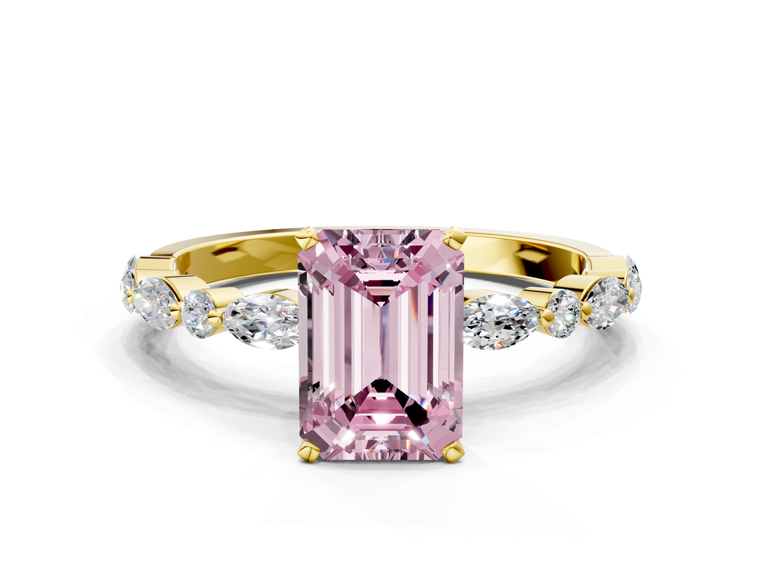 Yellow gold Fancy Pink Emerald  Solitaire with Side Stones on a Pavé Band and Four-Prong Setting_23
