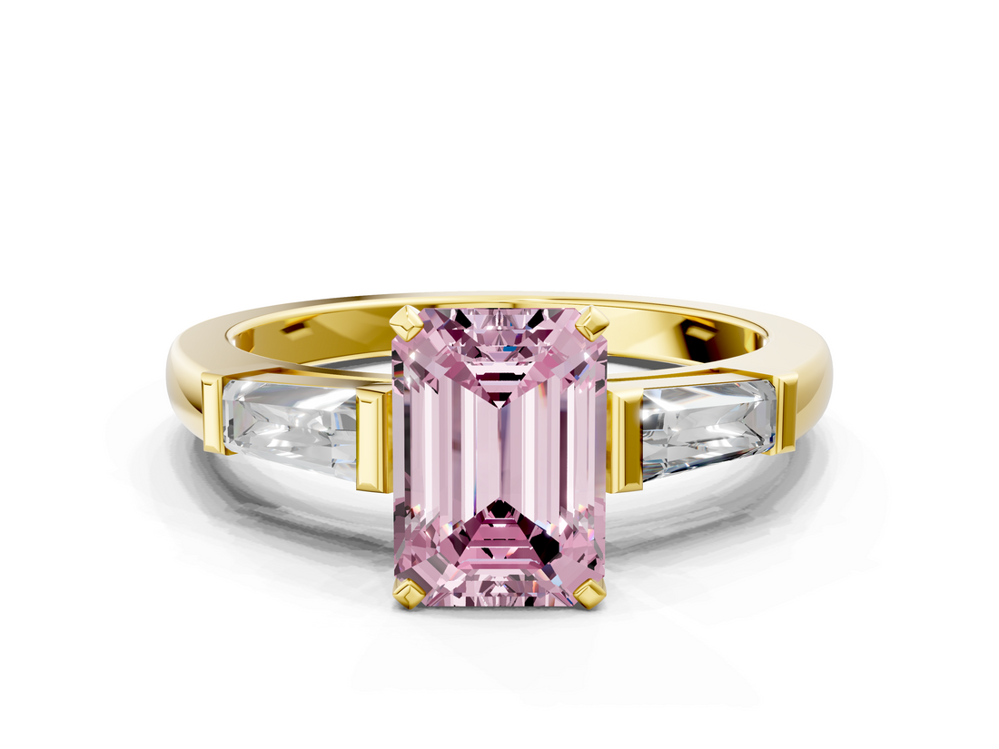 Yellow gold Fancy Pink Emerald  Solitaire with Tapered Baguette Side Stones on a Classic Band with Four-Prong Setting_112