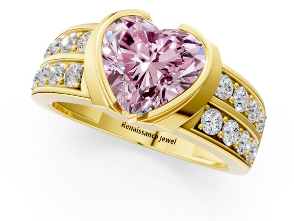 Yellow gold Fancy Pink Heart  Brilliant Diamond Channel Set Wide Band Ring with Bezel Setting
