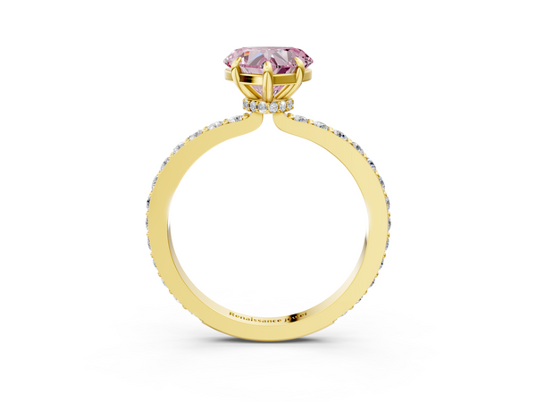Yellow Gold Heart-Shaped Hidden Halo Solitaire Engagement Ring Setting for Fancy Pink Center with Pave Band