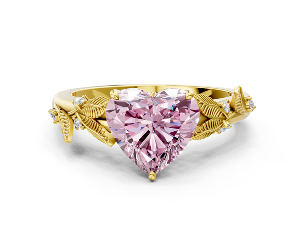 Yellow Gold Heart-Shaped Leaf Motif Solitaire Engagement Ring Setting for Fancy Pink Center