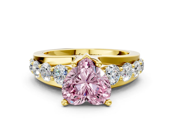 Yellow gold Fancy Pink Heart  Brilliant Solitaire with Side Stones on a Pave Band and Four-Prong Setting