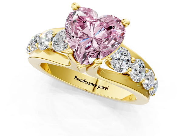 Yellow gold Fancy Pink Heart  Brilliant Solitaire with Side Stones on a Pave Band and Four-Prong Setting