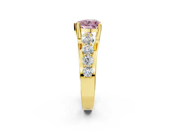 Yellow gold Fancy Pink Heart  Brilliant Solitaire with Side Stones on a Pave Band and Four-Prong Setting