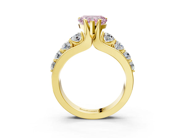 Yellow gold Fancy Pink Heart  Brilliant Solitaire with Side Stones on a Pave Band and Four-Prong Setting