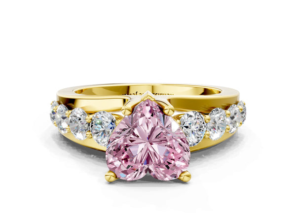 Yellow gold Fancy Pink Heart  Brilliant Solitaire with Side Stones on a Pave Band and Four-Prong Setting