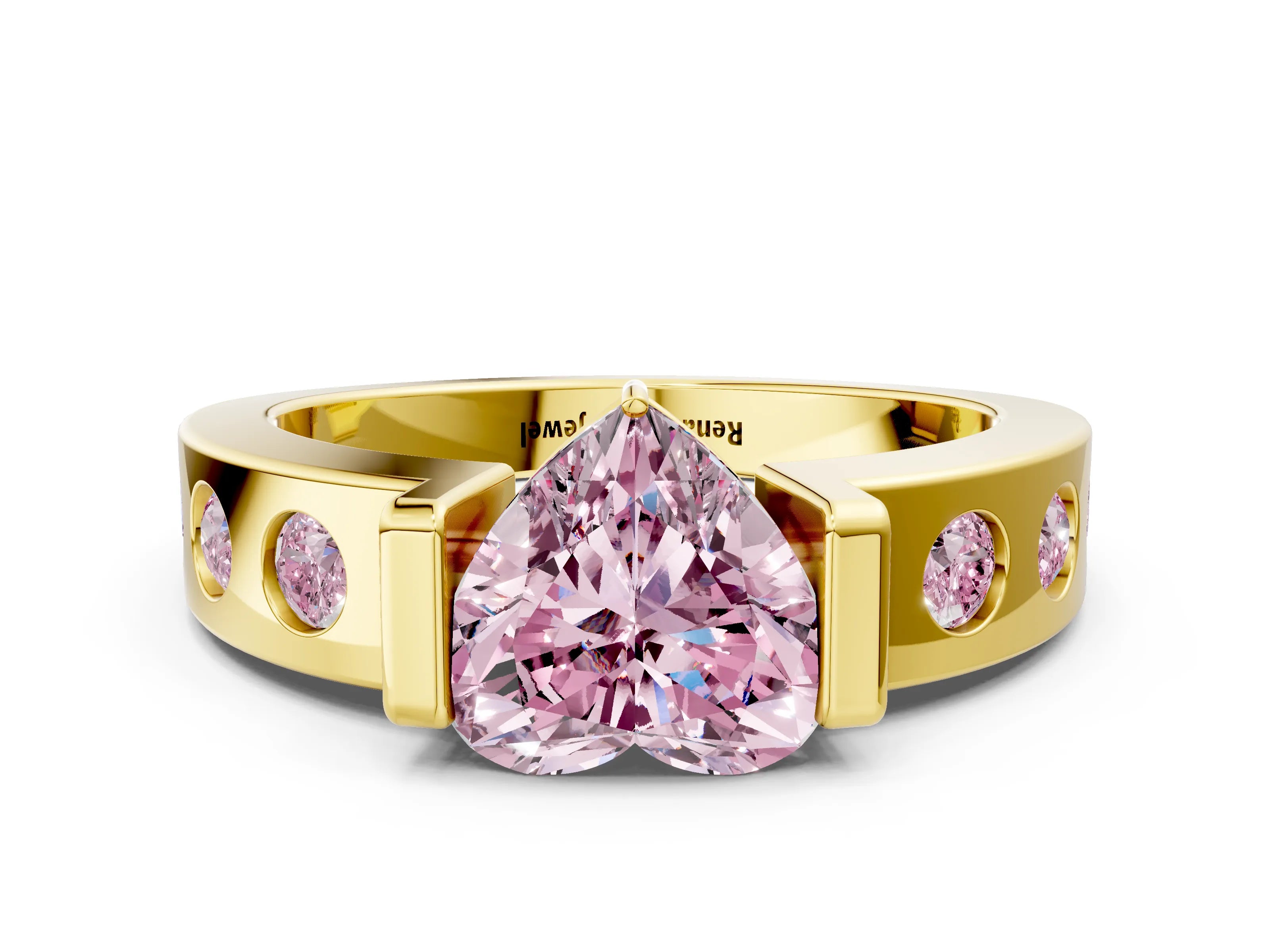 Yellow gold Fancy Pink Heart Cut Brilliant Channel-Set Diamond Ring with Bezel Prong Setting