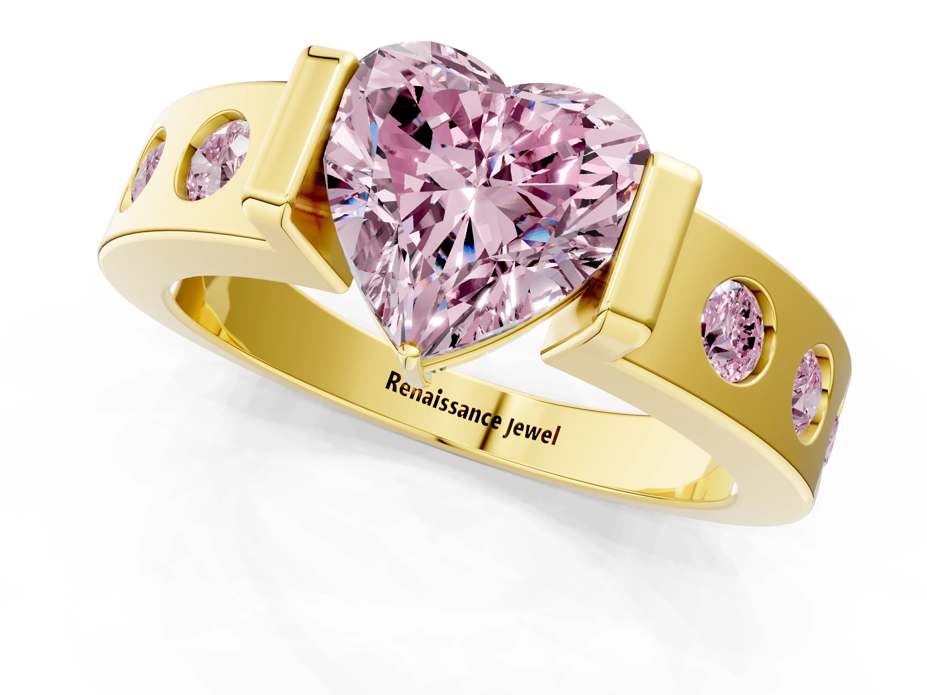 Yellow gold Fancy Pink Heart Cut Brilliant Channel-Set Diamond Ring with Bezel Prong Setting_1