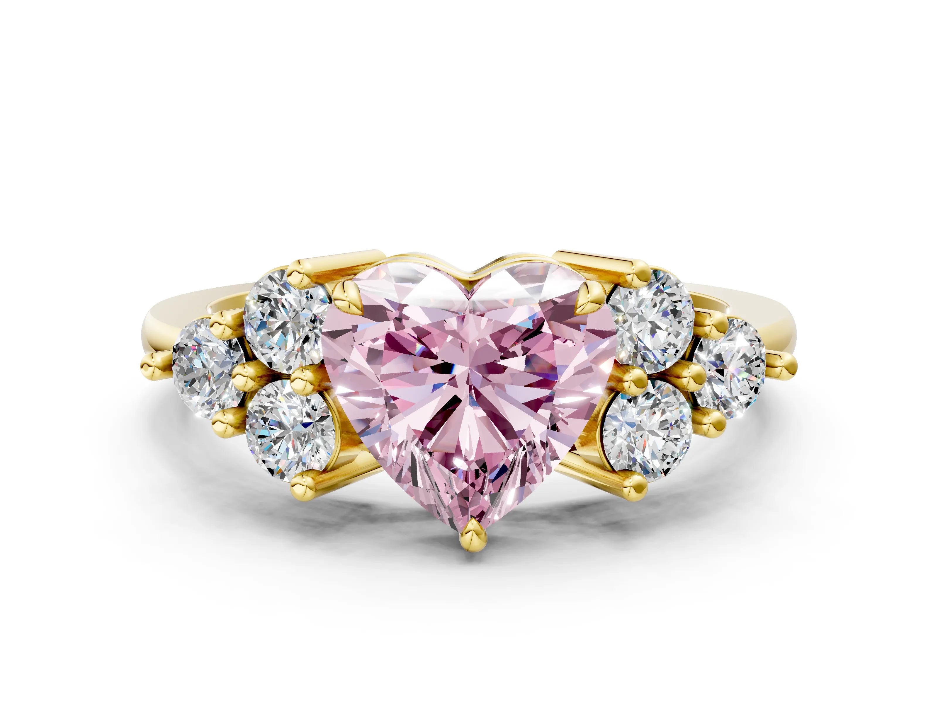 Yellow gold Fancy Pink Heart Cut Brilliant Diamond Cluster Accent Solitaire Ring with Prong Setting
