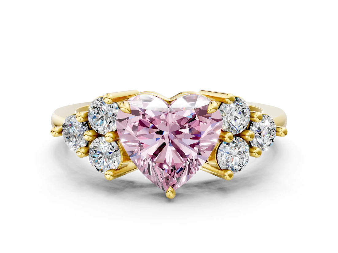 Yellow gold Fancy Pink Heart Cut Brilliant Diamond Cluster Accent Solitaire Ring with Prong Setting