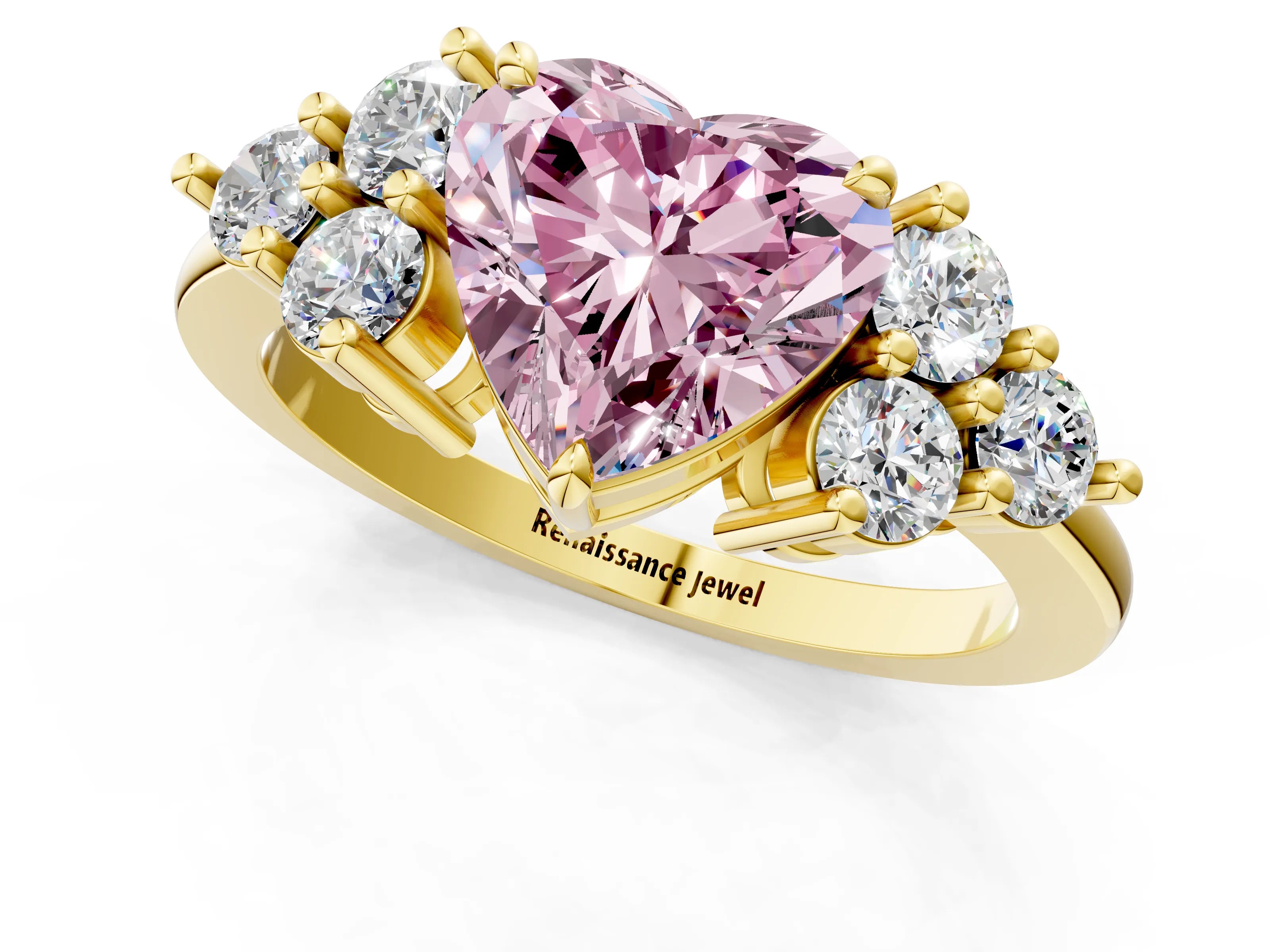 Yellow gold Fancy Pink Heart Cut Brilliant Diamond Cluster Accent Solitaire Ring with Prong Setting_1