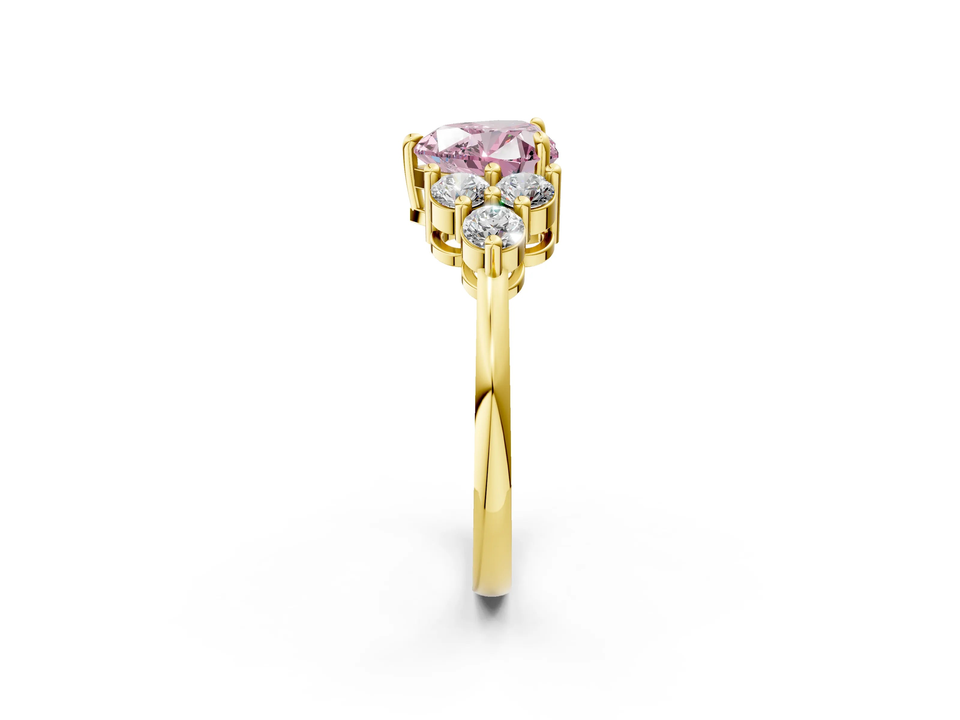 Yellow gold Fancy Pink Heart Cut Brilliant Diamond Cluster Accent Solitaire Ring with Prong Setting_2