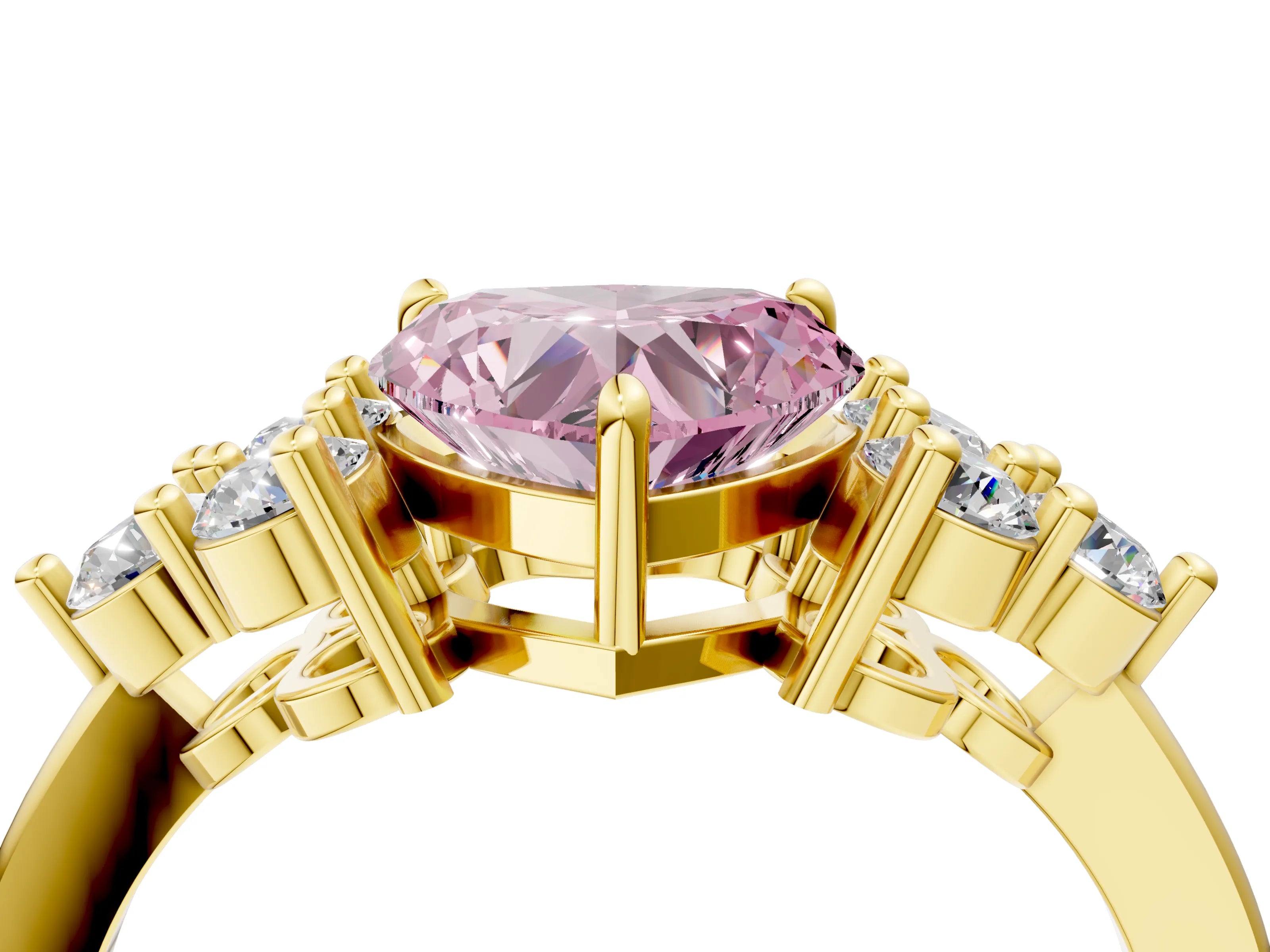 Yellow gold Fancy Pink Heart Cut Brilliant Diamond Cluster Accent Solitaire Ring with Prong Setting_4